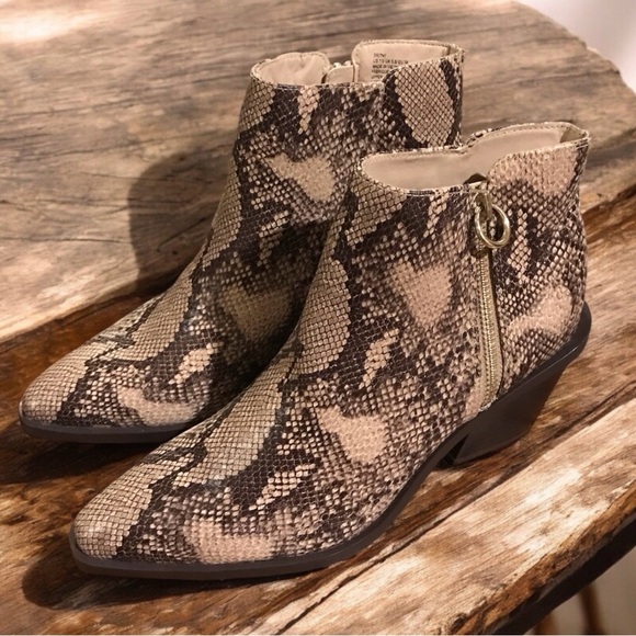 New Shoe Dazzle Britny Snakeskin Angled Block Heel Boot Sz 7.5 - Picture 2 of 8